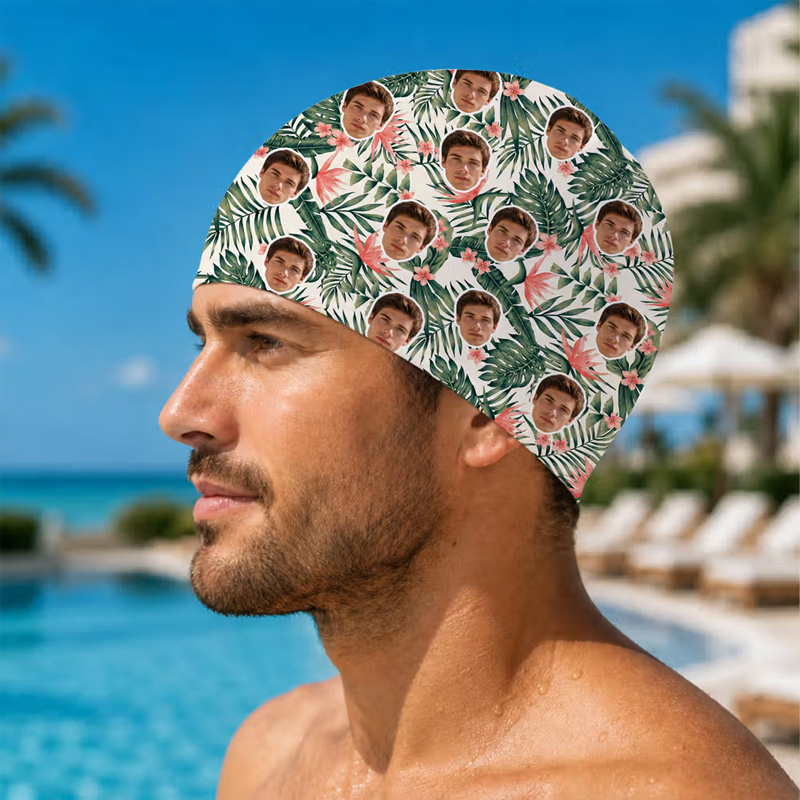 Personalized Hawaii Style Flower Leaf Face Photo Comfortable Swim Cap Swimming Accessory Birthday Pool Party Gift for Kids