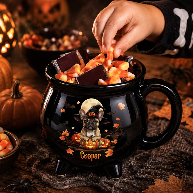 Personalized Halloween Style Pet Photo Pumpkin Cauldron Ceramic Coffee Mug with Name and Handle Halloween Party Birthday Gift for Pet Owners Lovers