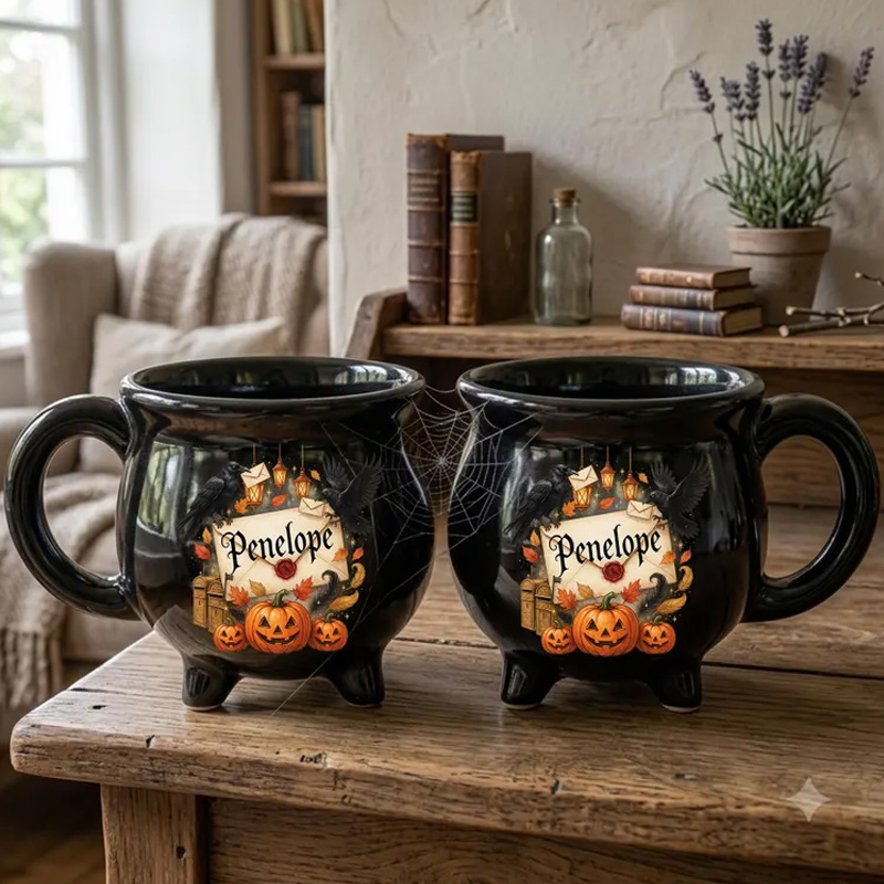 Personalized Halloween Witch Pumpkin Custom Name Autumn Gift Pumpkin Cauldron Ceramic Coffee Mug