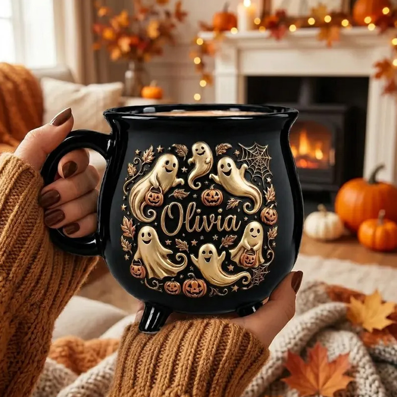 Personalized Halloween Ghost Pumpkin Custom Name Cozy Autumn Spooky Fall Gift Pumpkin Cauldron Ceramic Coffee Mug