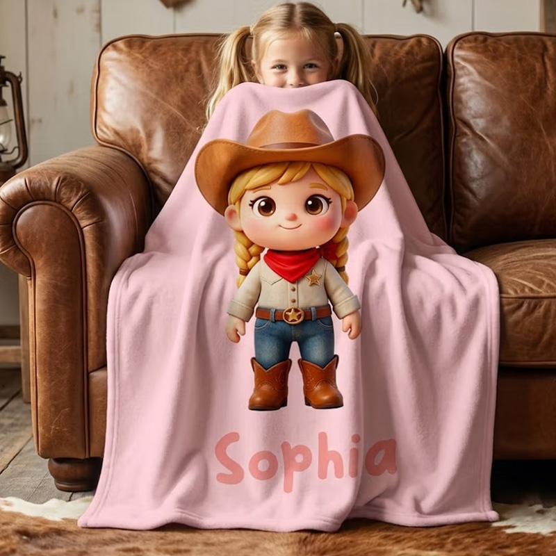 Personalized Cactus Cartoon Character Photo Soft Throw Blanket with Name Home Decor Birthday Gift for Kids Cowgirls Cowboys