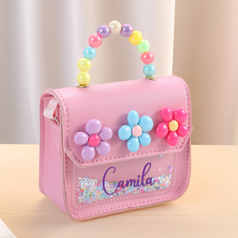 Personalized Kids Crossbody Flower Purse Custom Name Glitter Handbag Rainbow Beaded Handle Gift for Gilr