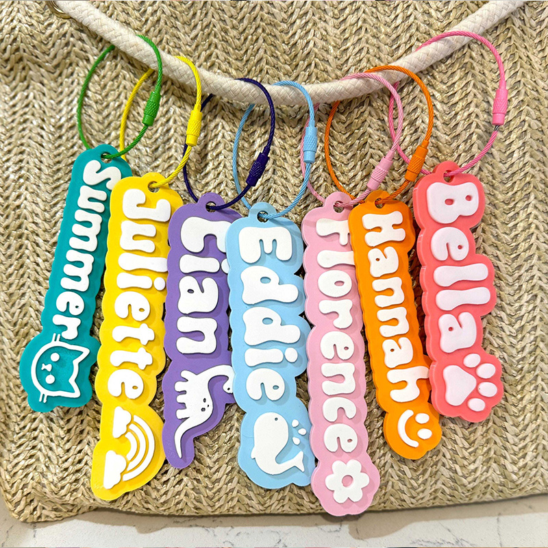 Personalized Kids Name Bag Tag Cute Cartoon Animal Keychain Label Backpack Charm Colorful School Accessory