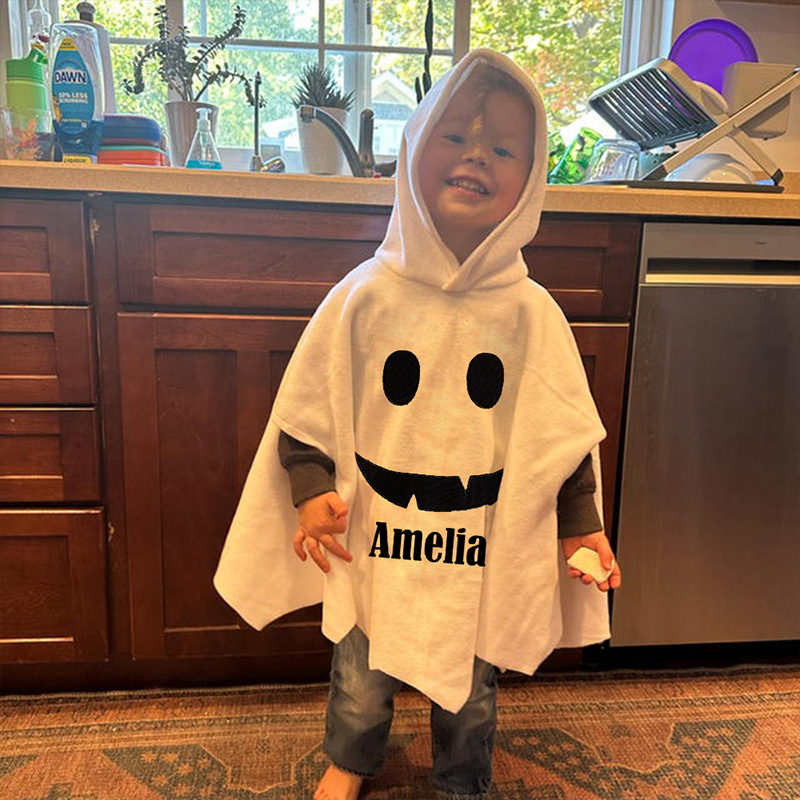 Personalized Kids Ghost Costume Cape Custom Name White Boo Poncho Halloween Outfit For Toddlers And Children