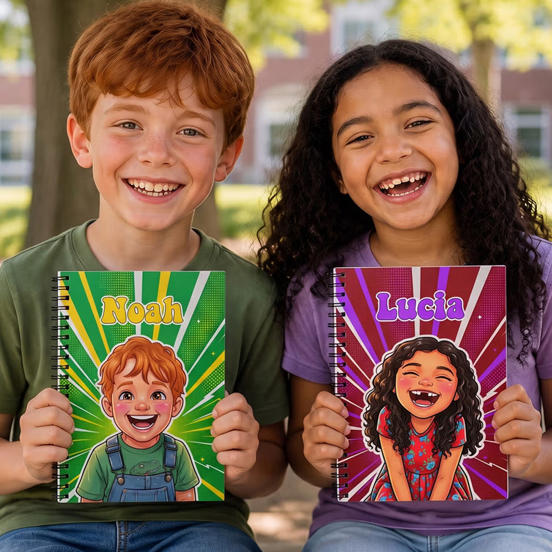 Personalized Comic-Style Photo Character A5 Spiral Journal Notebook with Name Daily Use Birthday Gift for Boys Girls Kids