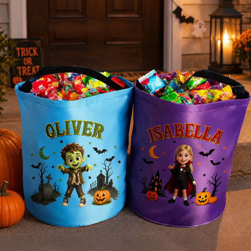 Personalized Halloween Theme Photo Cartoon Character LED Light Bucket Bag with Name Halloween Trick or Treat Activity Gift for Boys Girls
