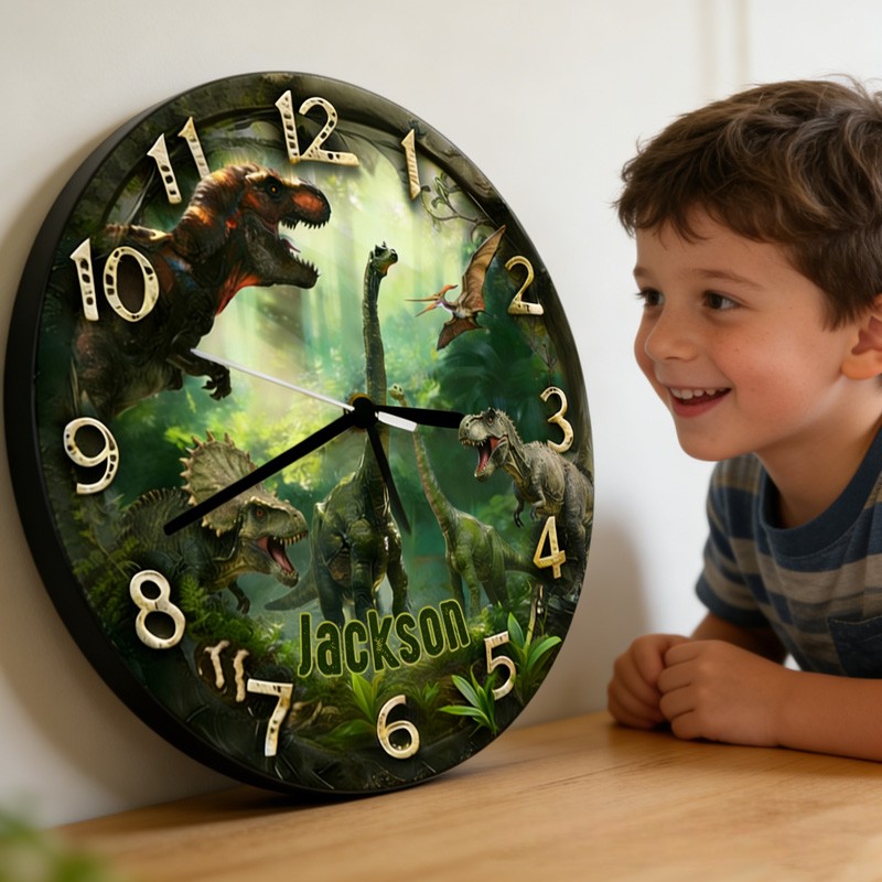 Personalized Lovely Custom Name Dinosaur Animal Pattern Kids Room Decoration 3D Printed Wall Clock