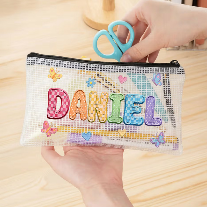 Personalized Oil Painting Style Butterfly Heart Waterproof Portable Mesh Pencil Pouch with Name and Zipper Back to School Birthday Gift for Kids
