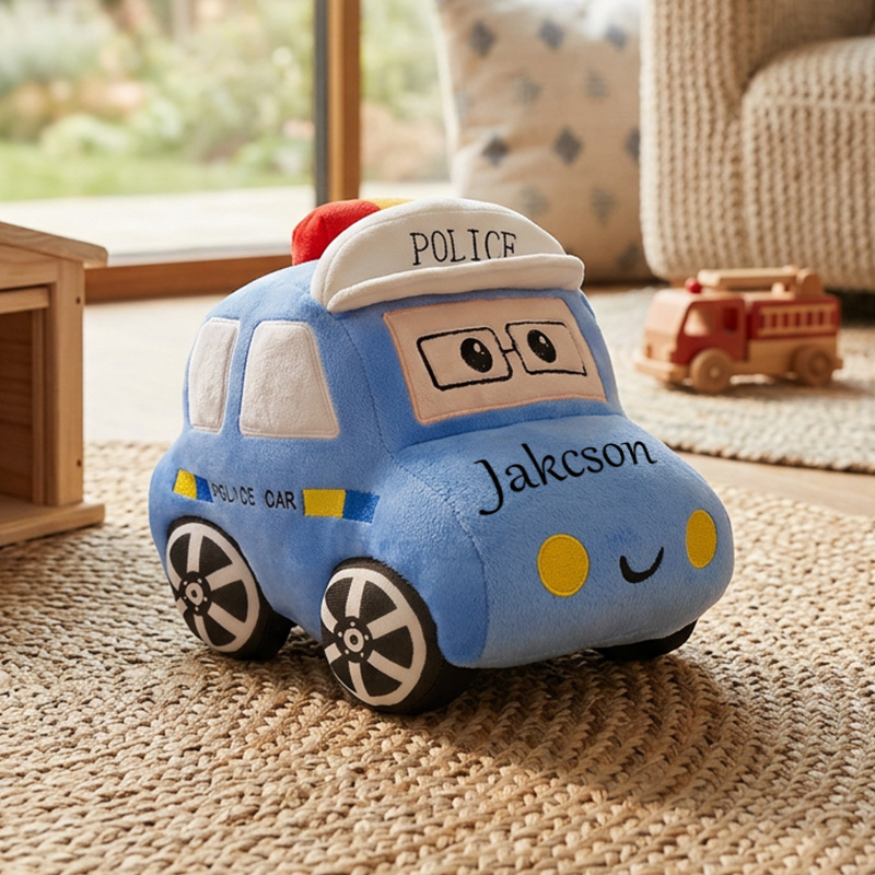 Personalized Police Car Taxi Car Plush Toy Custom Name Soft Blue Vehicle Pillow Kids Birthday Gift Playroom Decor