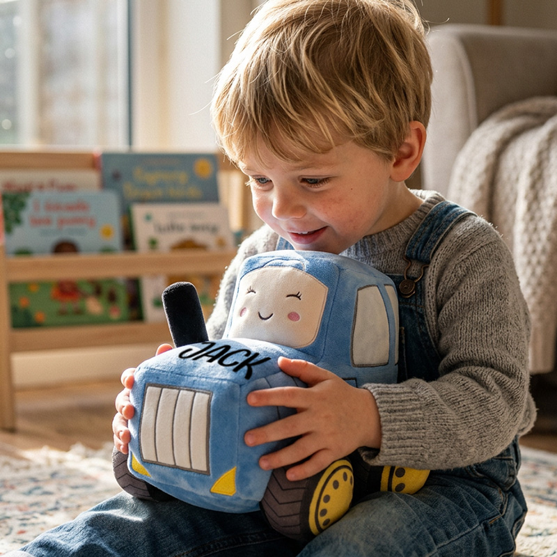 Personalized Garbage Truck Plush Toy Custom Name Soft Blue Vehicle Pil