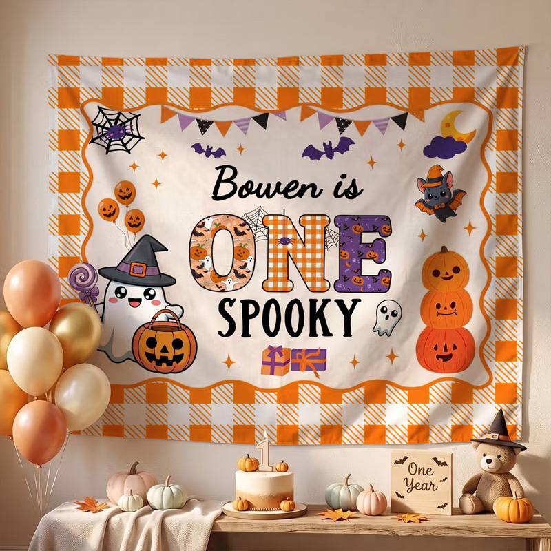 Personalized Cute Bat Pumpkin Ghost Banner with Name Party Backdrop Decor First Birthday Halloween Party Gift for New Parent Baby