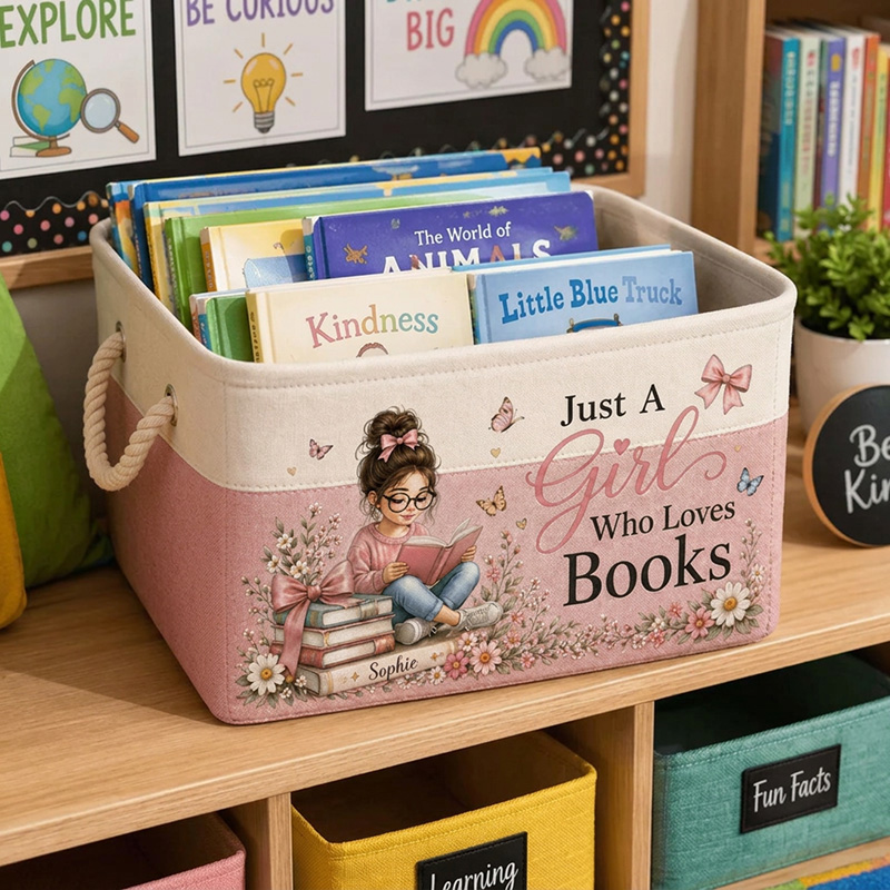 Personalized Book Storage Bin Custom Name Fabric Organizer For Kids Library Classroom Nursery Toy Basket
