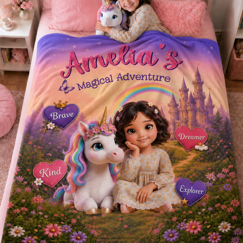 Personalized Cartoon Kid Photo Fantasy Rainbow Horse Dinosaur Adventure Soft Throw Blanket with Name Home Decor Back to School Birthday Gift for Kids