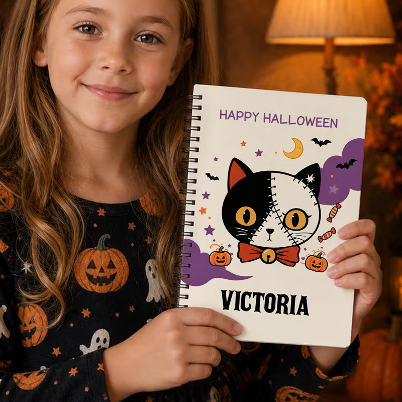 Personalized Halloween Theme Kitty Pumpkin Candy A5 Spiral Notebook with Name and Text Halloween Gift for Kid Halloween Lover