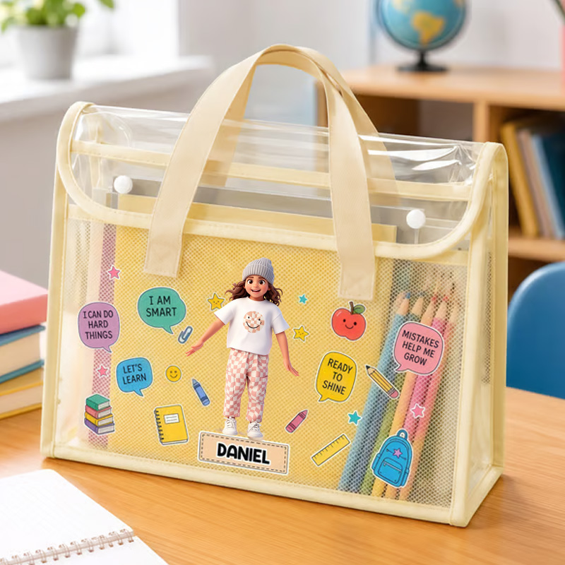 Personalized Kids Clear Tote Bag Custom Name School Organizer Transparent Handbag For Books Stationery Toys