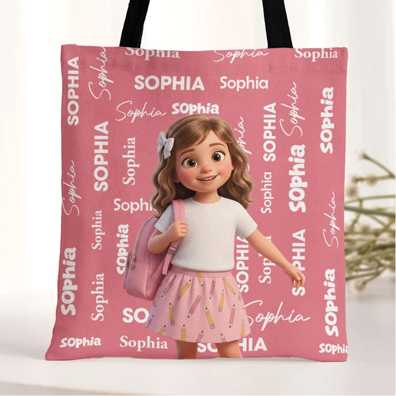 Personalized Kids Tote Bag Custom Name Cute Character Reusable School Library Shopping Shoulder Bag