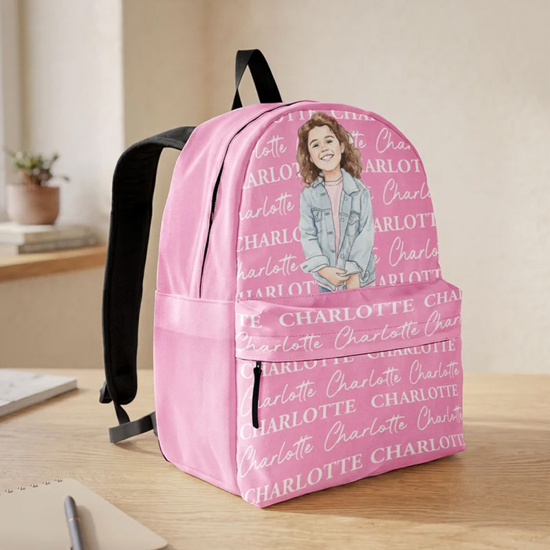 Personalized Kids Backpack Custom Name Portrait Pink School Bag Cute Character Lightweight Travel Daypack