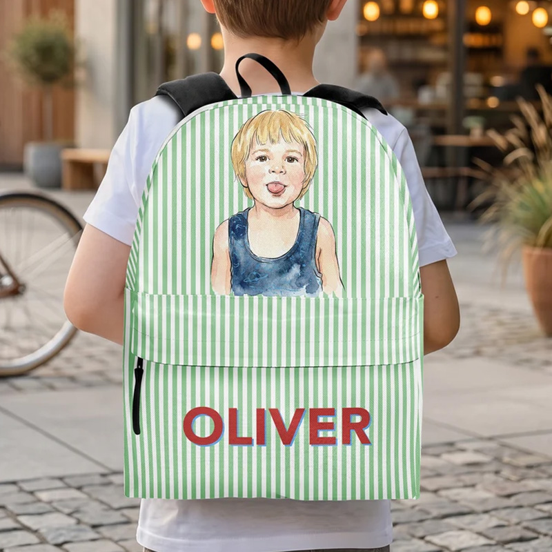 Personalized Kids Backpack Custom Name Portrait Striped School Bag Cute Character Lightweight Travel Daypack