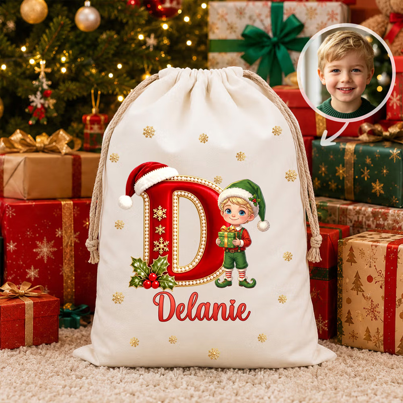 Personalized Photo Design Santa Claus Gift Bag with Name and Initial Christmas Gift for Family Friends