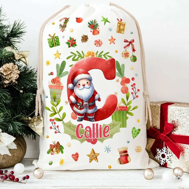 Personalized Snowman Reindeer Penguin Christmas Initial Drawstring Christmas Gift Bag with Name Christmas Eve Party Gift for Kids Family Friends