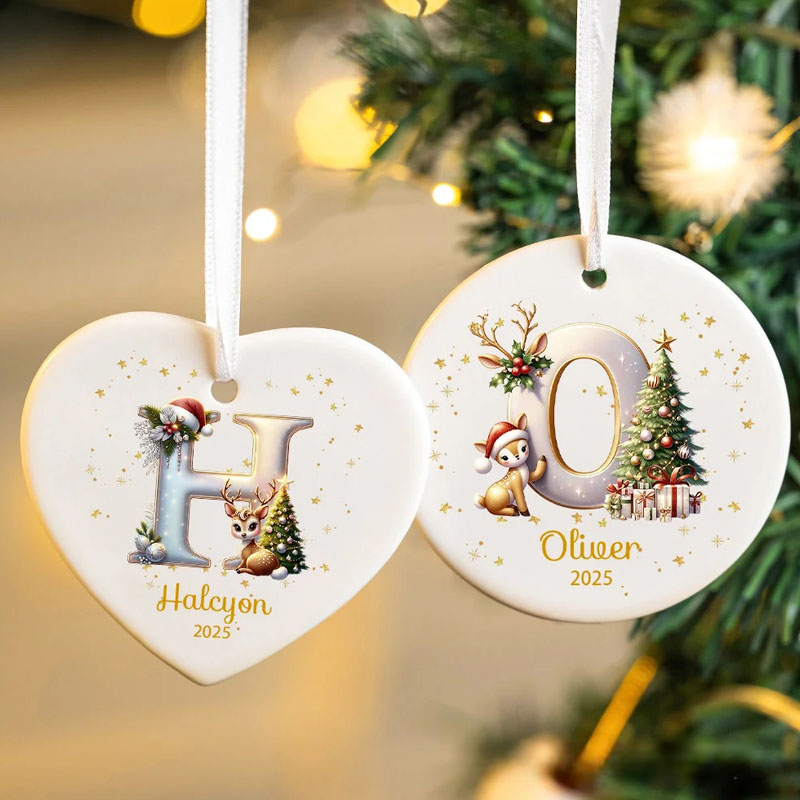 Personalized Reindeer Christmas Tree Initial Heart-shaped Ceramic Christmas Ornament with Name and Year Christmas Decor Gift for Family Friends Sale-megacustom
