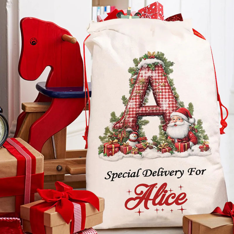 Personalized Plaid Initial Christmas Bag with Festive Snowman and Custom Name for Special Holiday Deliveries Christmas Bag
