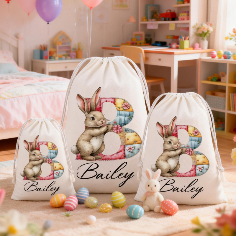 Personalized Bunny Drawstring Bags Custom Name Bunny Designs for Egg Hunts Easter Party Favors Bunny Drawstring Bags 