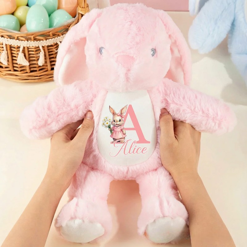 Personalized Cute Rabbit Plush Easter Bunny Stuffed Toy with Initial Name and Birth Flower Easter Gift for Newborns Kids