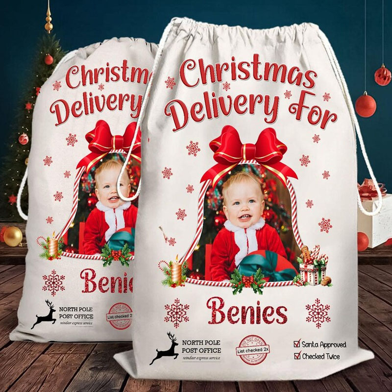 Personalized Photo Christmas Bag with Festive Frame and Custom Name for Heartfelt Holiday Gift Giving Christmas Bag