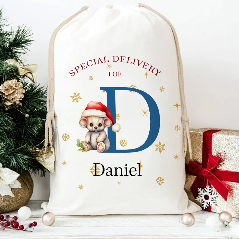 Personalized Special Delivery Christmas Theme Animal Pattern Drawstring Canvas Gift Bag with Name Christmas Gift for Kid