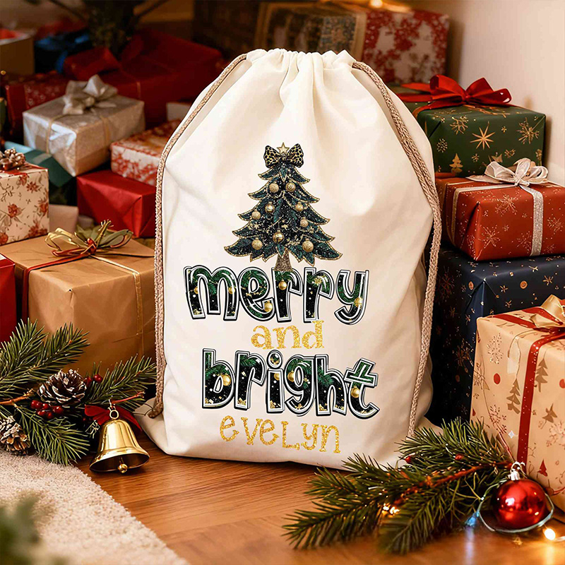Personalized Merry and Bright Christmas Bag with Festive Tree Design and Custom Name for Joyful Holiday Cheer Christmas Bag