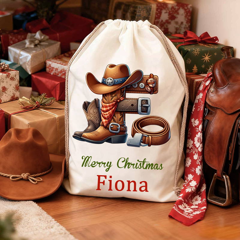Personalized Santa Sack with Custom Name Western Christmas Gift Bag for Kids and Family Christmas Cowboy Boot Initial Name Gift Bag
