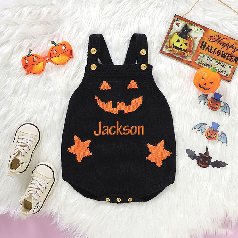 Personalized Baby Knitted suspenders Romper Halloween Pumpkin Jack O Lantern Outfit Custom Name Sleeveless Jumpsuit Costume