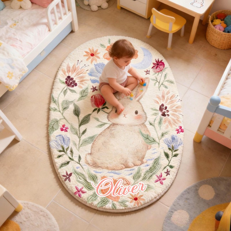 Personalized Unique Custom Name Adorable Rabbit Surrounded by Flowers Bedroom Carpet Rug for Kids