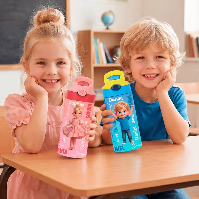 Personalized Cartoon Character BPA-Free Transparent or Insulated Water Bottle with Straw and Name Back to School Gift for Kids