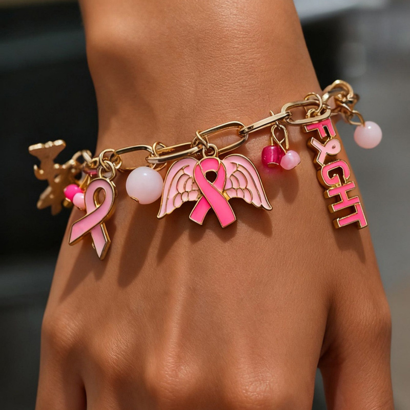 Breast Cancer Awareness Charm Bracelet Pink Ribbon Angel Wing Beaded Chain Jewelry For Women