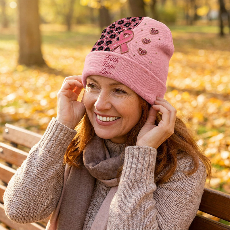 Personalized Breast Cancer Awareness Knit Beanie Pink Ribbon Faith Hope Love Heart Pattern Winter Warm Hat