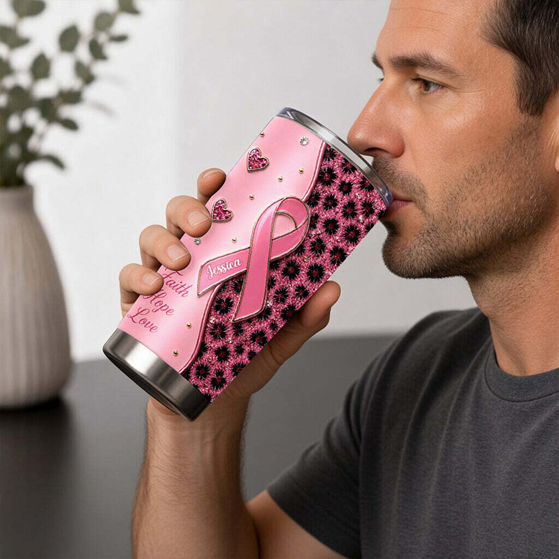 Personalized Breast Cancer Awareness Tumbler Pink Ribbon Faith Hope Love Floral Heart Insulated Travel Cup