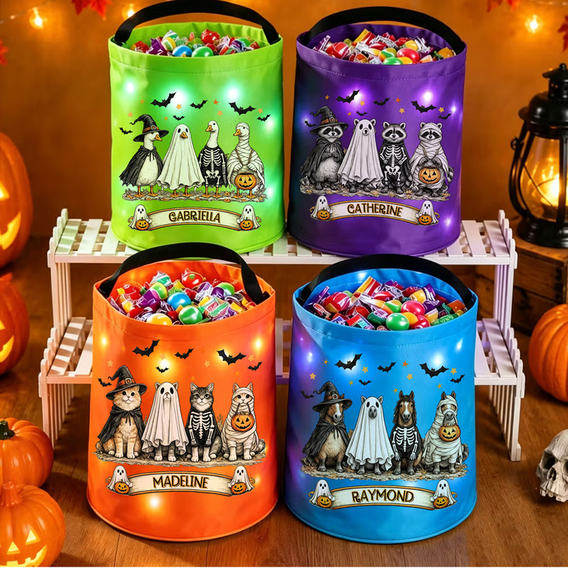 Personalized Halloween Theme Animal LED Light Bucket Bag with Name Trick or Treat Activity Halloween Party Gift for Kids