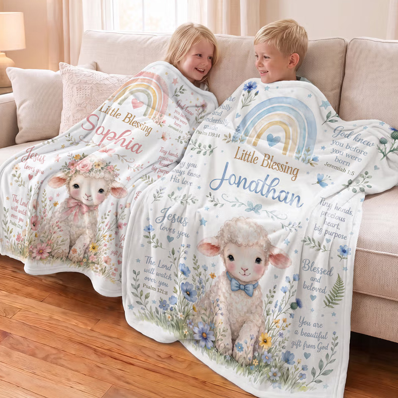 Personalized Flower Lamb Christian Blessing Quotes Soft Warm Throw Blanket with Name Room Decor Baby Shower Baptism Gift for Kid Newborn