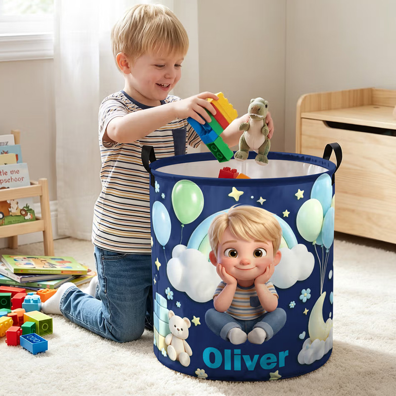 Personalized Cartoon Style Photo Waterproof Laundry Storage Basket with Name and Handles Room Decor Birthday Gift for Kids Boys Girls