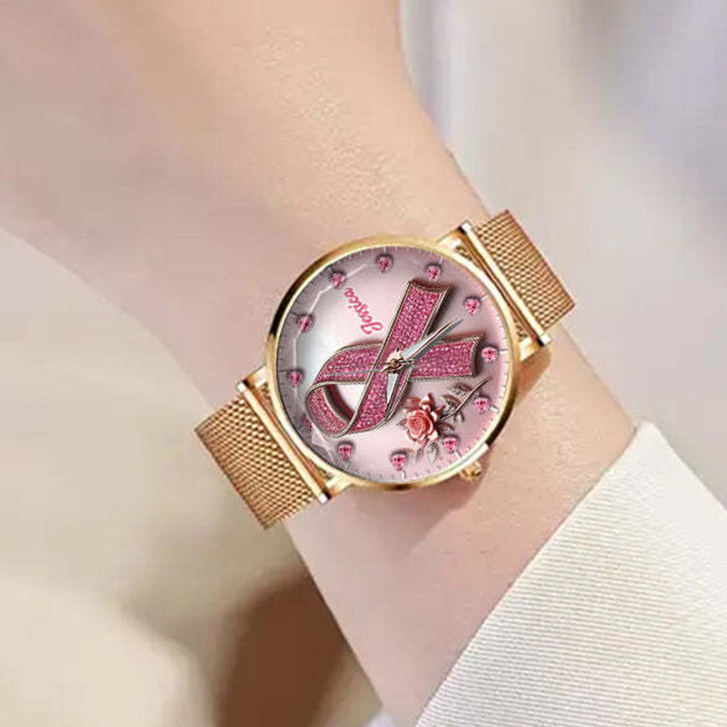 Personalized Breast Cancer Awareness Watch Pink Ribbon Faith Hope Love Gold Mesh Band Elegant Support Timepiece