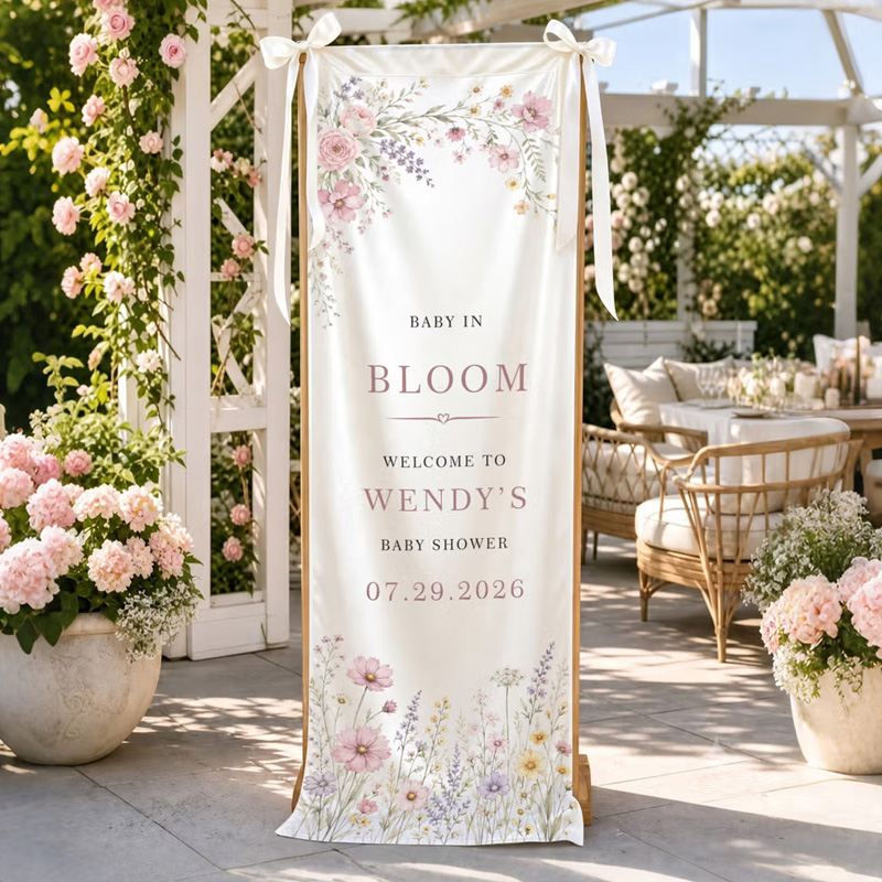 Personalized Wildflower Baby in Bloom Bow Welcome Banner with Name and Date Party Decor Baby Shower Gender Reveal Gift for Expecting Mom