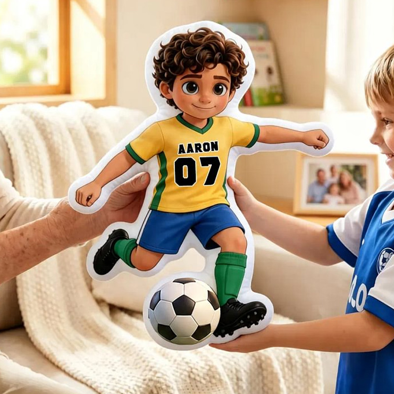 Personalized Brazil Soccer Player Pillow Custom Photo To Cartoon Boy Plush Kids Room Decor Football Fan Gift