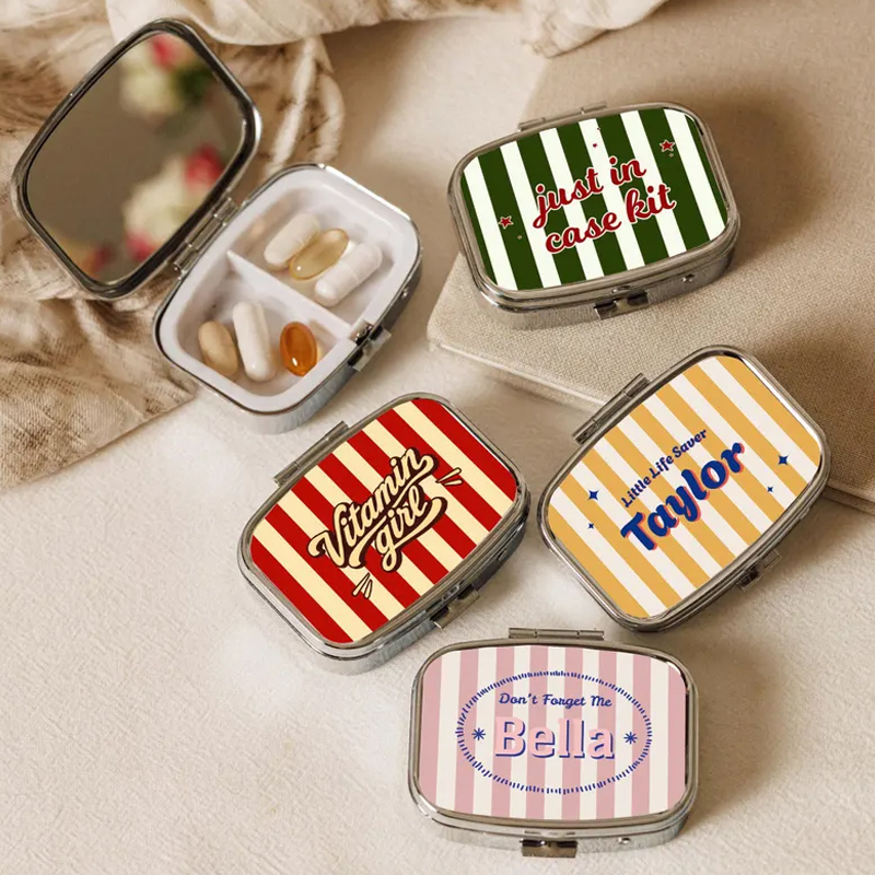Personalized Colorful Striped Pill Box Cute Mini Medicine Case Portable Pocket Organizer Custom Name Travel Gift