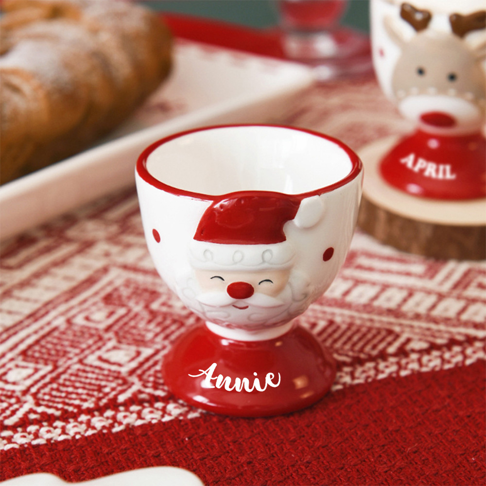 Personalized Christmas Egg Holder Wood Decor Custom Name Santa And Reindeer Breakfast Table Ornament Gift For Kids