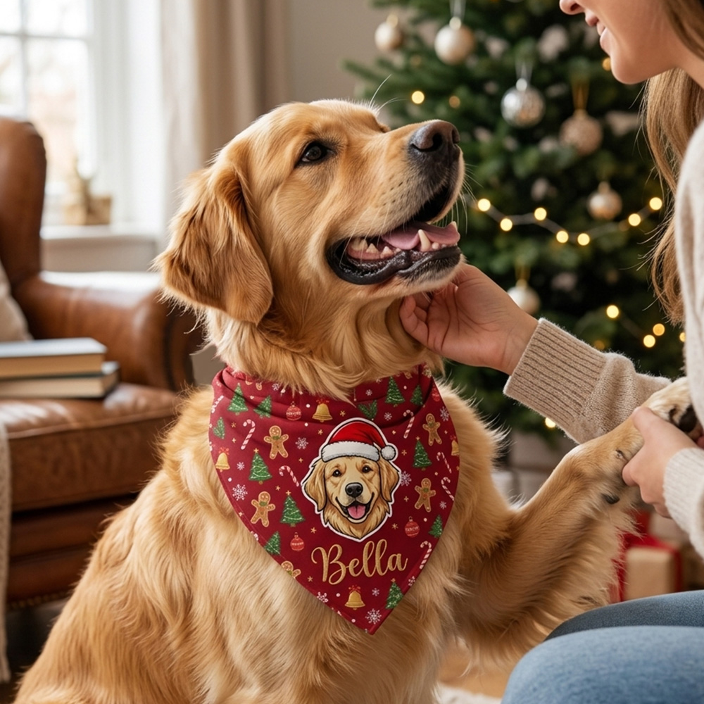 Personalized Cartoon Pet Photo Bandana with Name Adjustable Buckle Pet Party Harvest Birthday Gift for Pet Owners Lovers