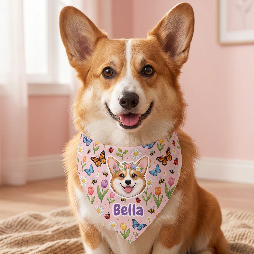 Personalized Dog Bandana Custom Pet Name Floral Butterfly Print Cute Puppy Scarf Soft Triangle Bib Gift