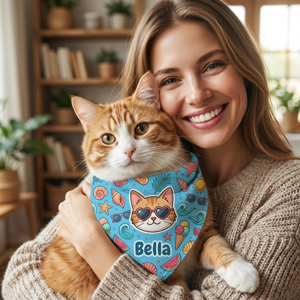 Personalized Dog Bandana Custom Pet Name Summer Beach Print Cute Puppy Scarf Soft Triangle Bib Gift