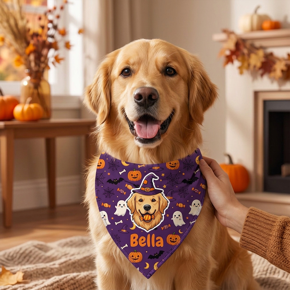 Personalized Dog Bandana Custom Pet Name Halloween Print Cute Puppy Scarf Spooky Triangle Bib Gift
